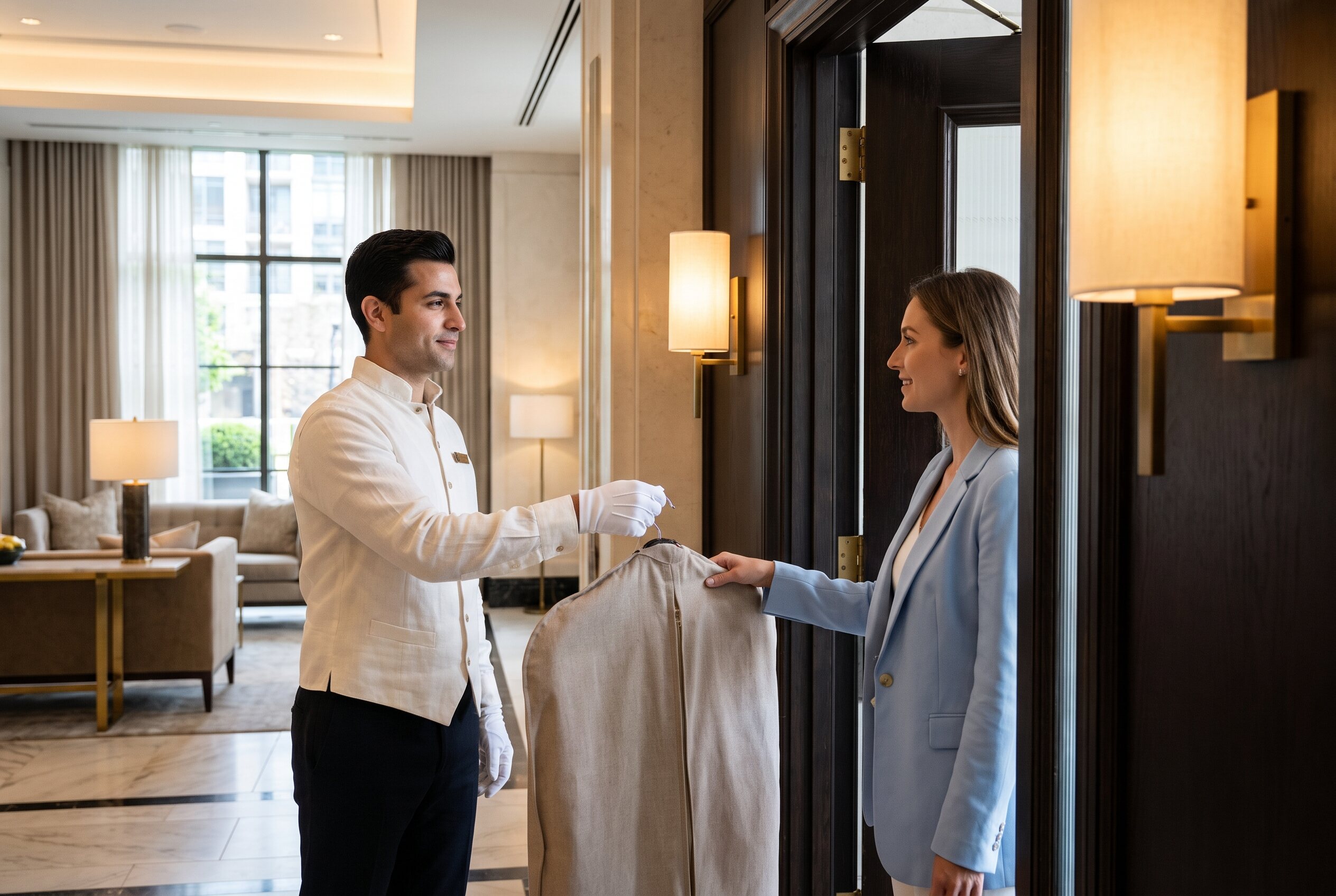 White-glove concierge presenting freshly cleaned garments
