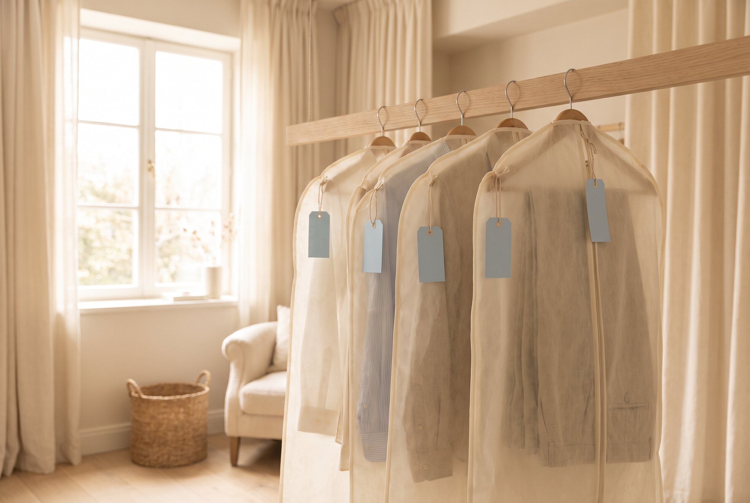 Rack of freshly pressed shirts in protective bags